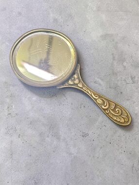 Vintage Silver Tone Handheld Vanity Mirror Ornate Figural Scene Decor Mirror